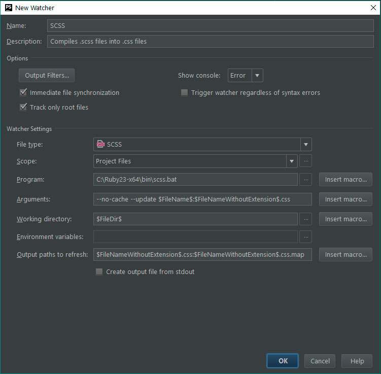 настройки scss для file watcher в phpstorm